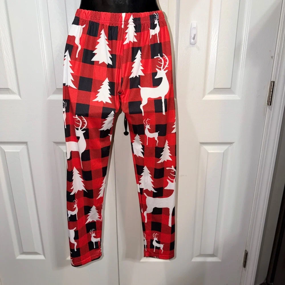 Kids Red Buffalo Plaid Christmas Reindeer Pajama Pants Joggers‎ Size 10-11Y